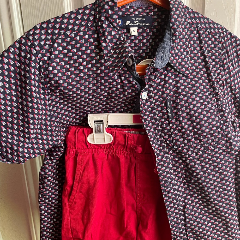 Boys 2 piece red shorts and navy blue button